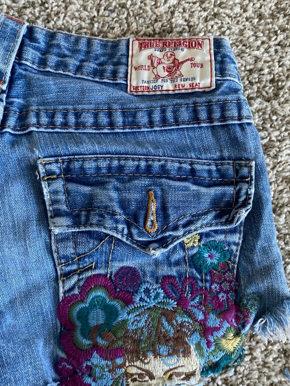True Religion "Joey" embroidered denim cut-off shorts